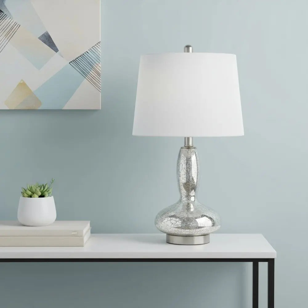 23" Clear And Silver Glass And Metal Novelty Table Lamp With White Drum Shade HomeRoots