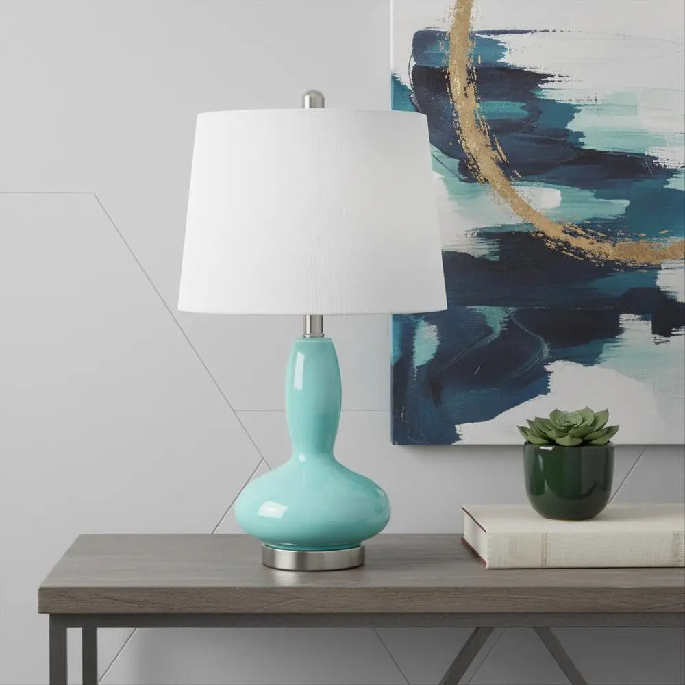 23" Light Blue And Silver Glass And Metal Novelty Table Lamp With White Drum Shade HomeRoots