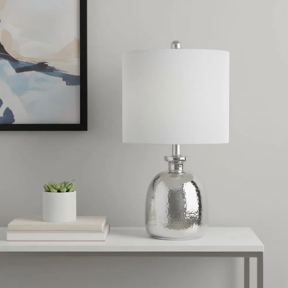 20" Silver Glass Round Table Lamp With Light Gray Drum Shade HomeRoots