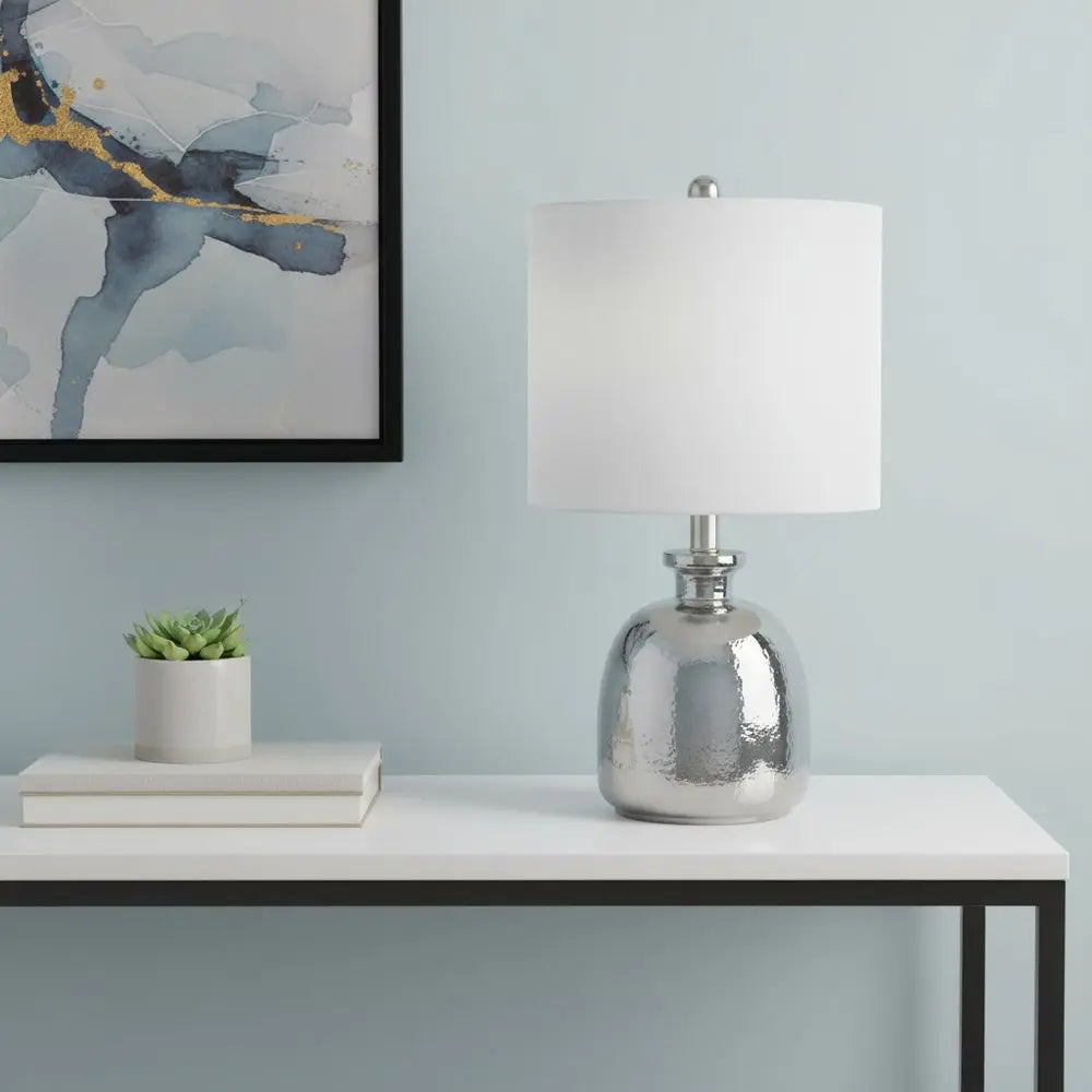 20" Gray Glass Novelty Table Lamp With White Drum Shade HomeRoots