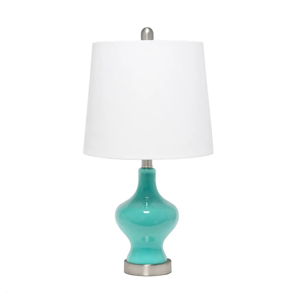 23" Teal Blue And Silver Glass And Metal Novelty Table Lamp With White Drum Shade HomeRoots