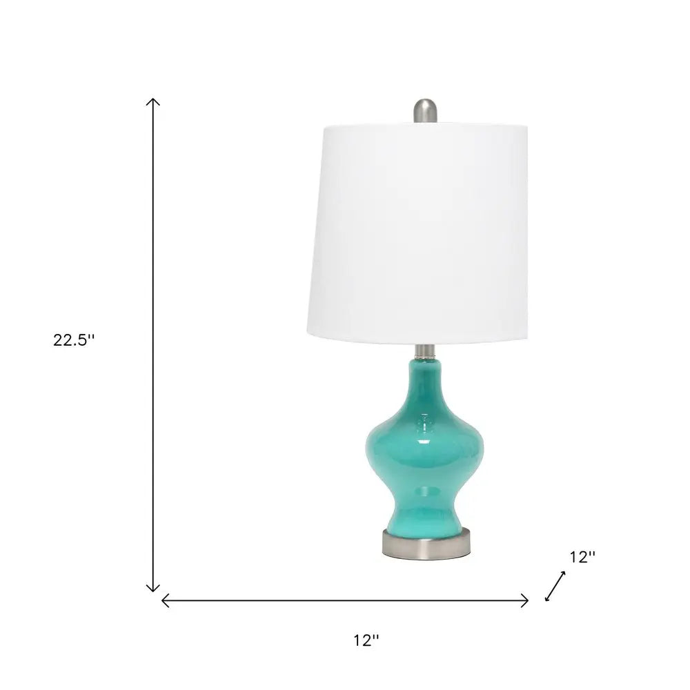 23" Teal Blue And Silver Glass And Metal Novelty Table Lamp With White Drum Shade HomeRoots