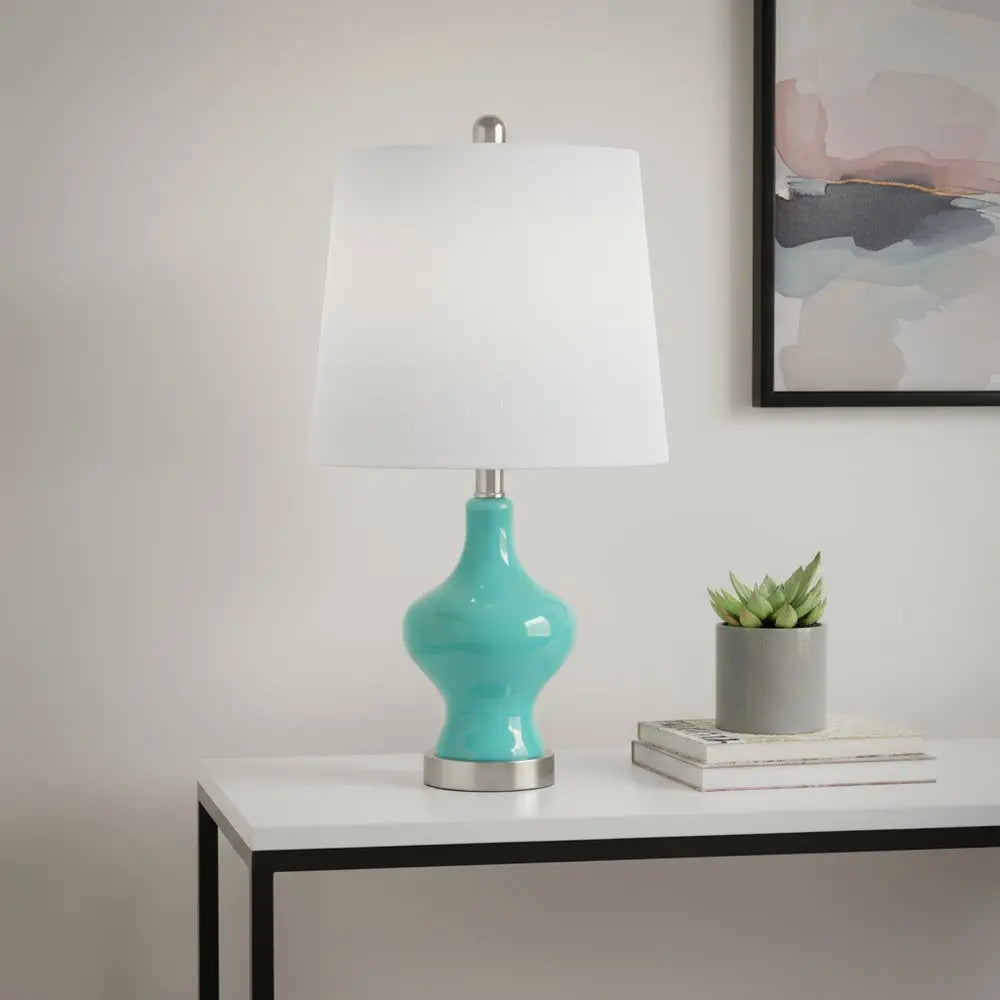 23" Teal Blue And Silver Glass And Metal Novelty Table Lamp With White Drum Shade HomeRoots