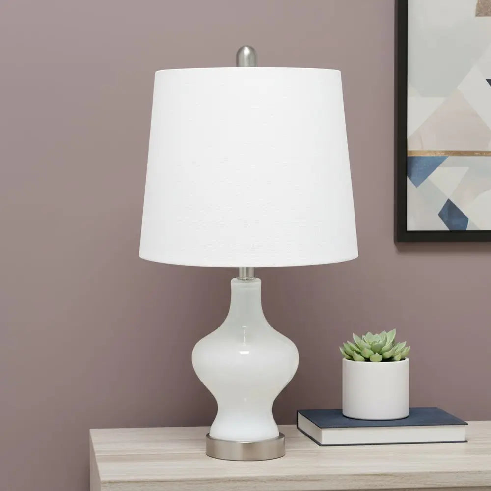 23" White And Silver Glass Gourd Table Lamp With White Drum Shade HomeRoots