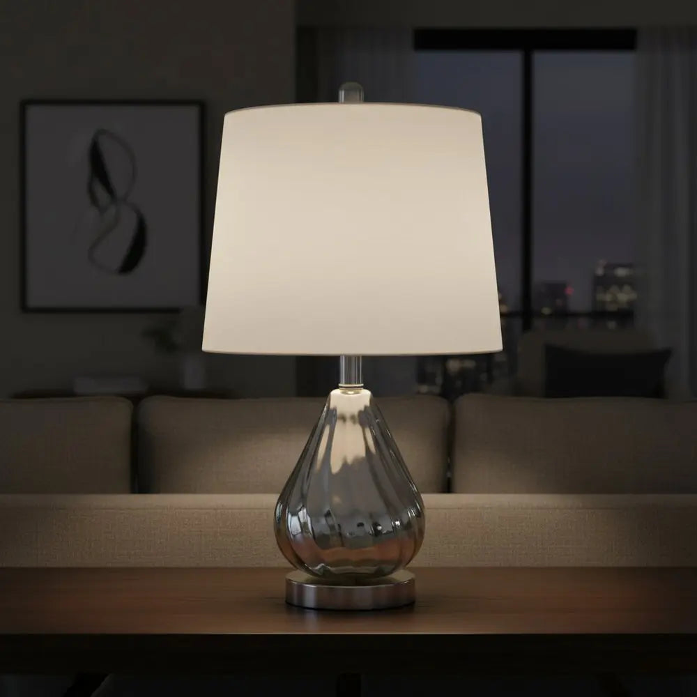 21" Silver Glass And Metal Scalloped Table Lamp With Gray Drum Shade HomeRoots