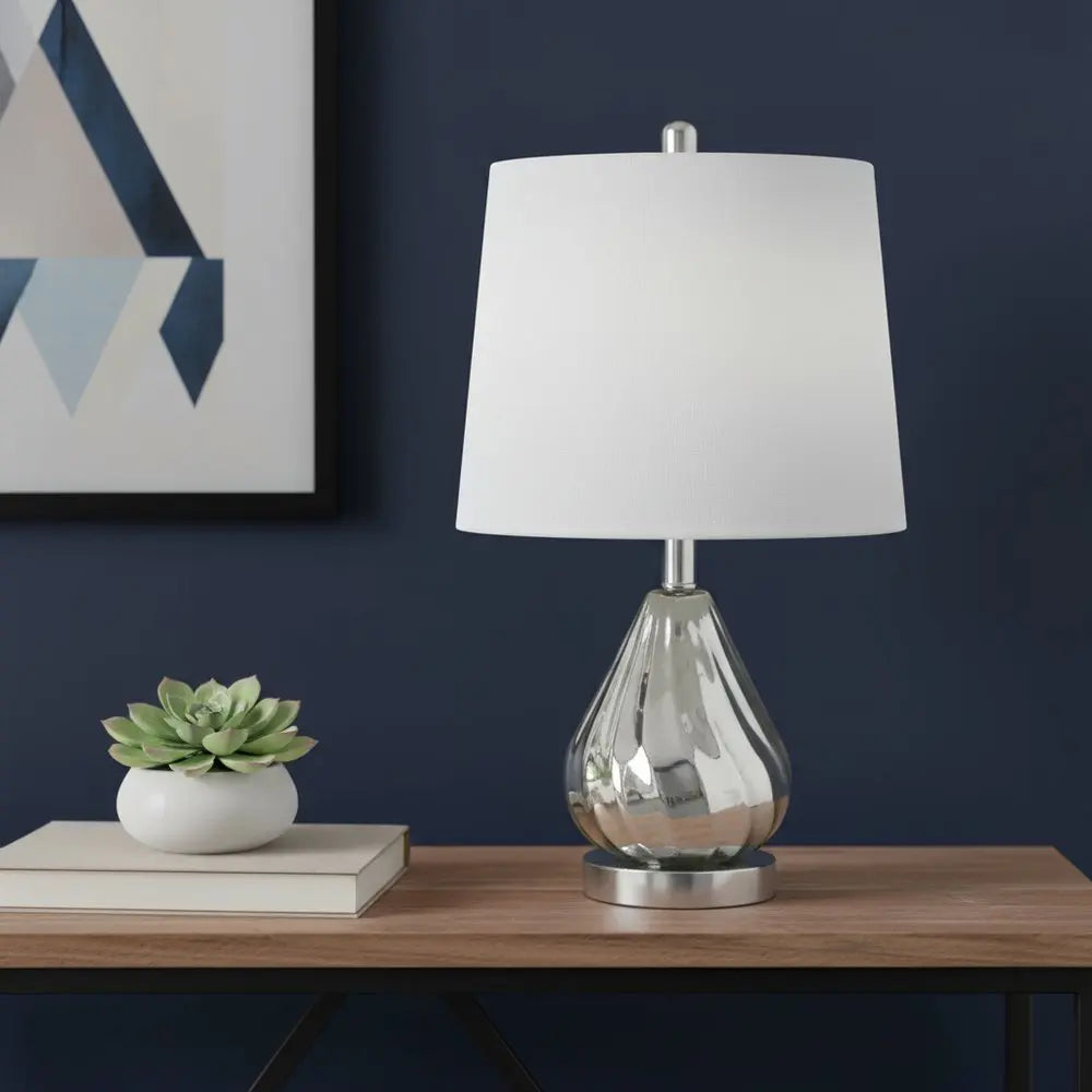 21" Silver Glass And Metal Round Scalloped Table Lamp With White Drum Shade HomeRoots