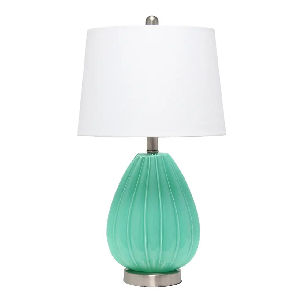 23" Sea Green And Silver Geometric Lines Table Lamp With White Drum Shade HomeRoots