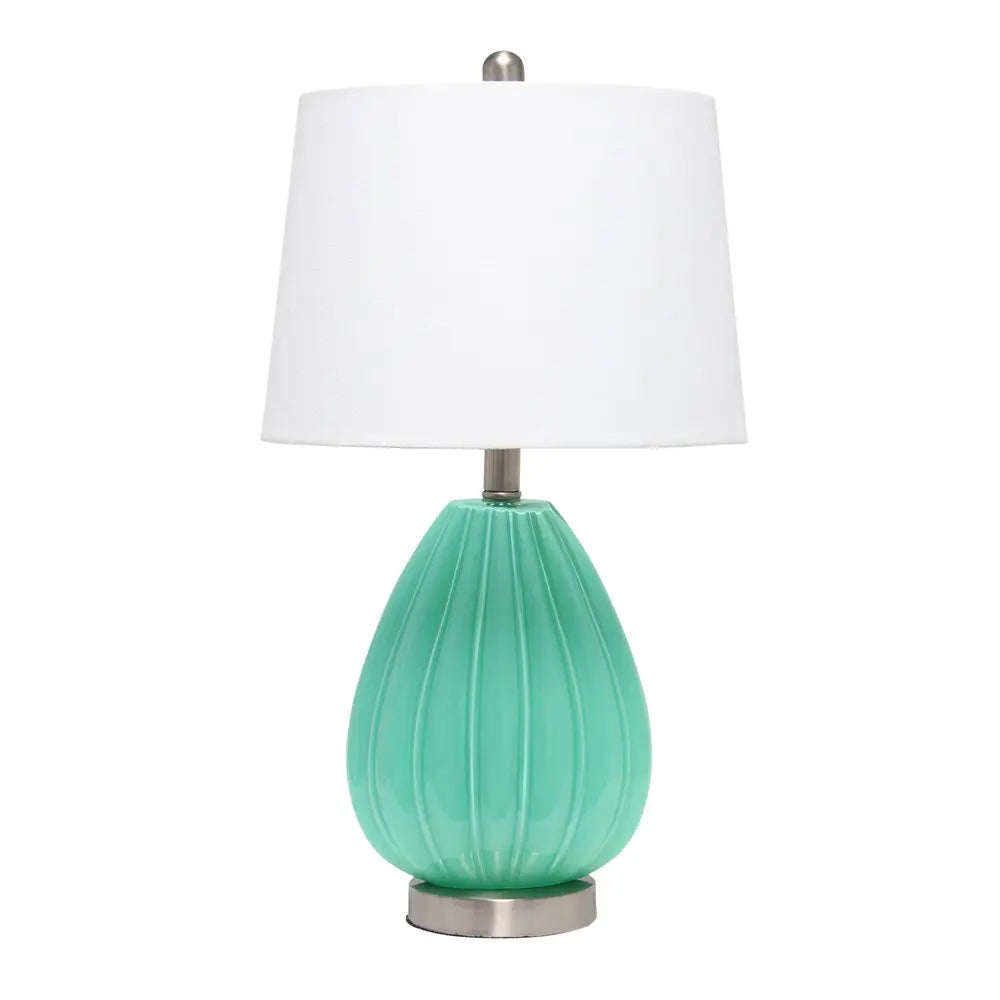 23" Sea Green And Silver Geometric Lines Table Lamp With White Drum Shade HomeRoots