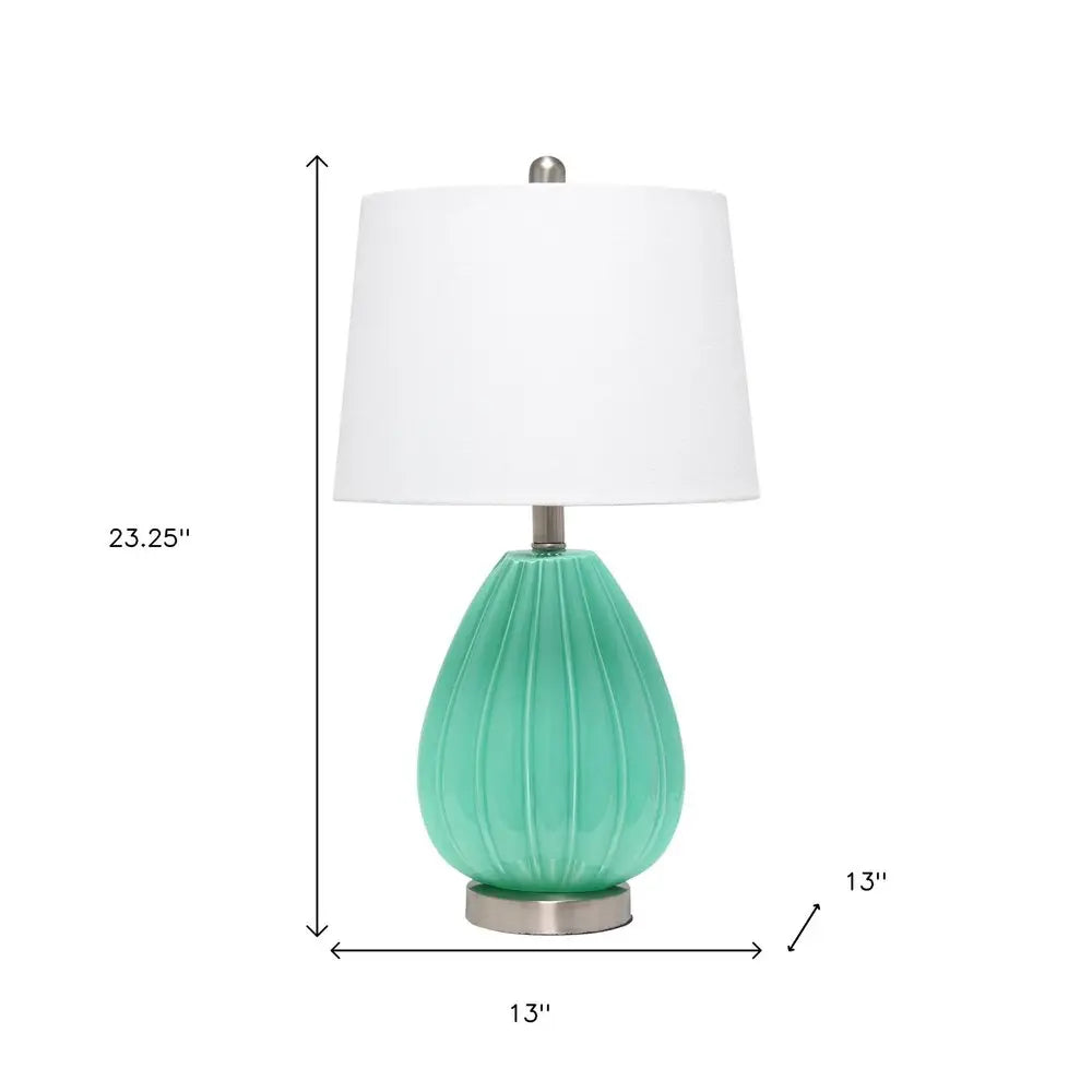 23" Sea Green And Silver Geometric Lines Table Lamp With White Drum Shade HomeRoots