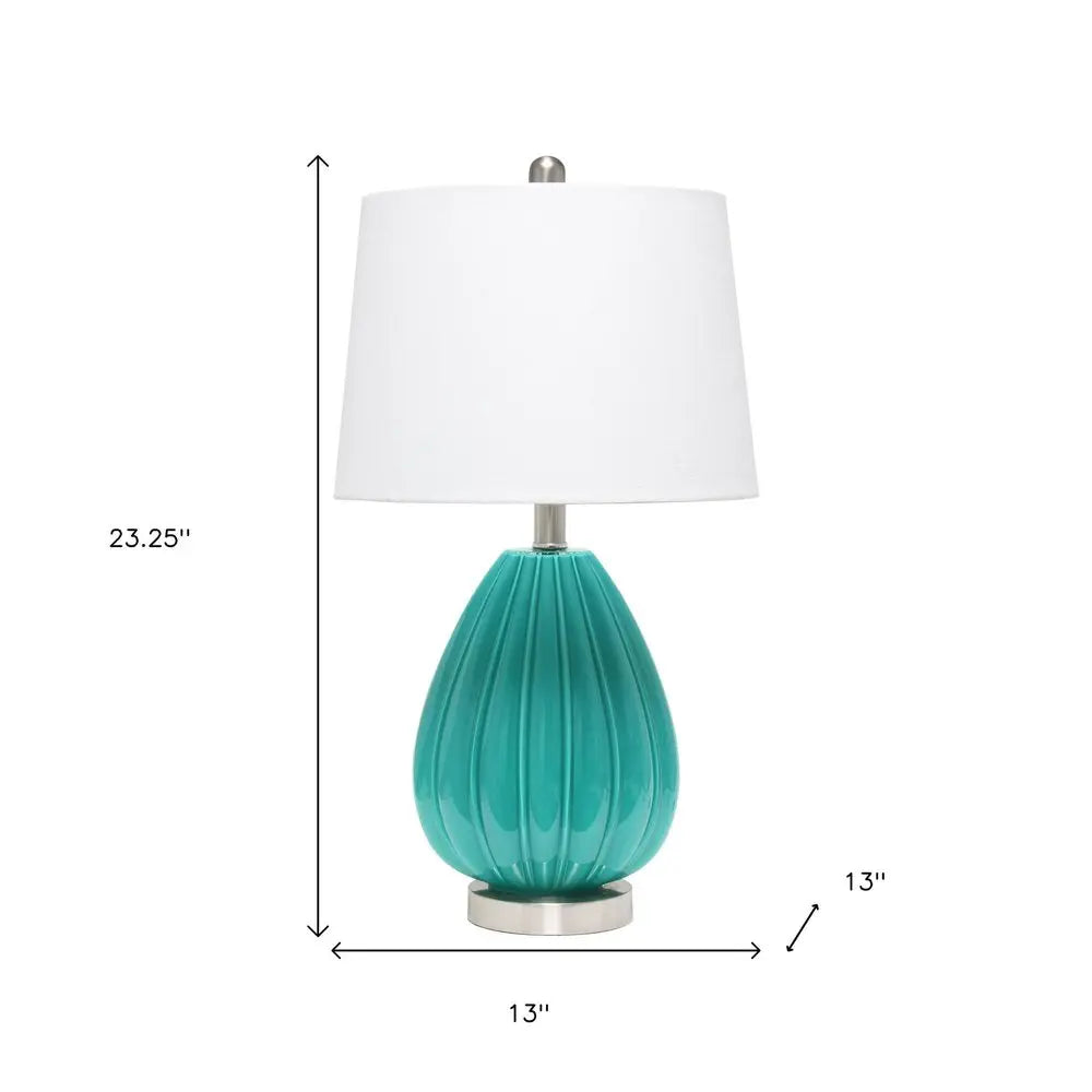 23" Teal Blue And Silver Glass And Metal Novelty Table Lamp With White Drum Shade HomeRoots