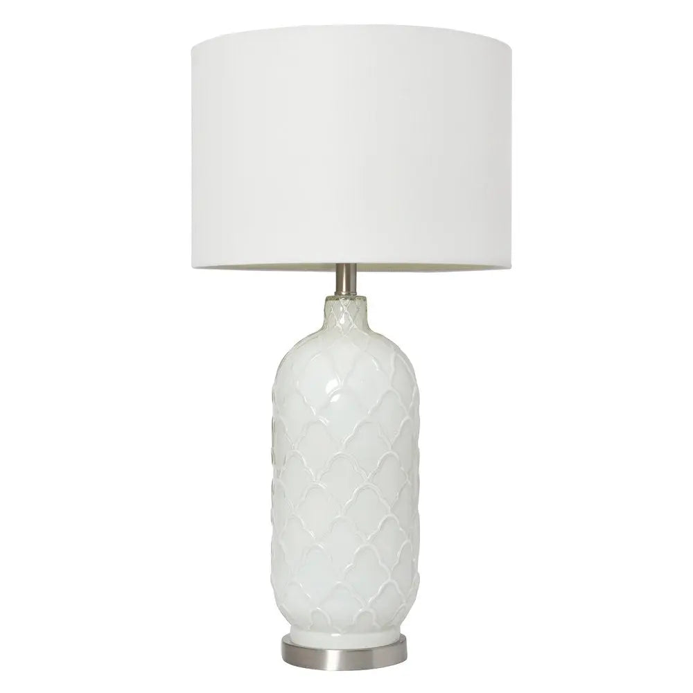 30" White And Nickel Glass Quatrefoil Table Lamp With White Drum Shade HomeRoots