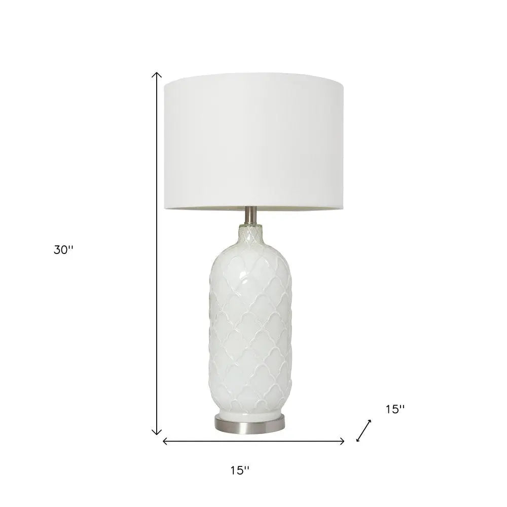 30" White And Nickel Glass Quatrefoil Table Lamp With White Drum Shade HomeRoots