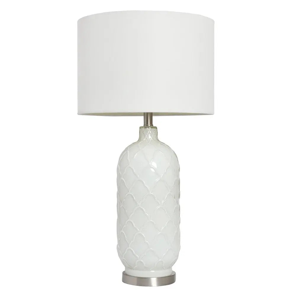 30" White And Nickel Glass Quatrefoil Table Lamp With White Drum Shade HomeRoots