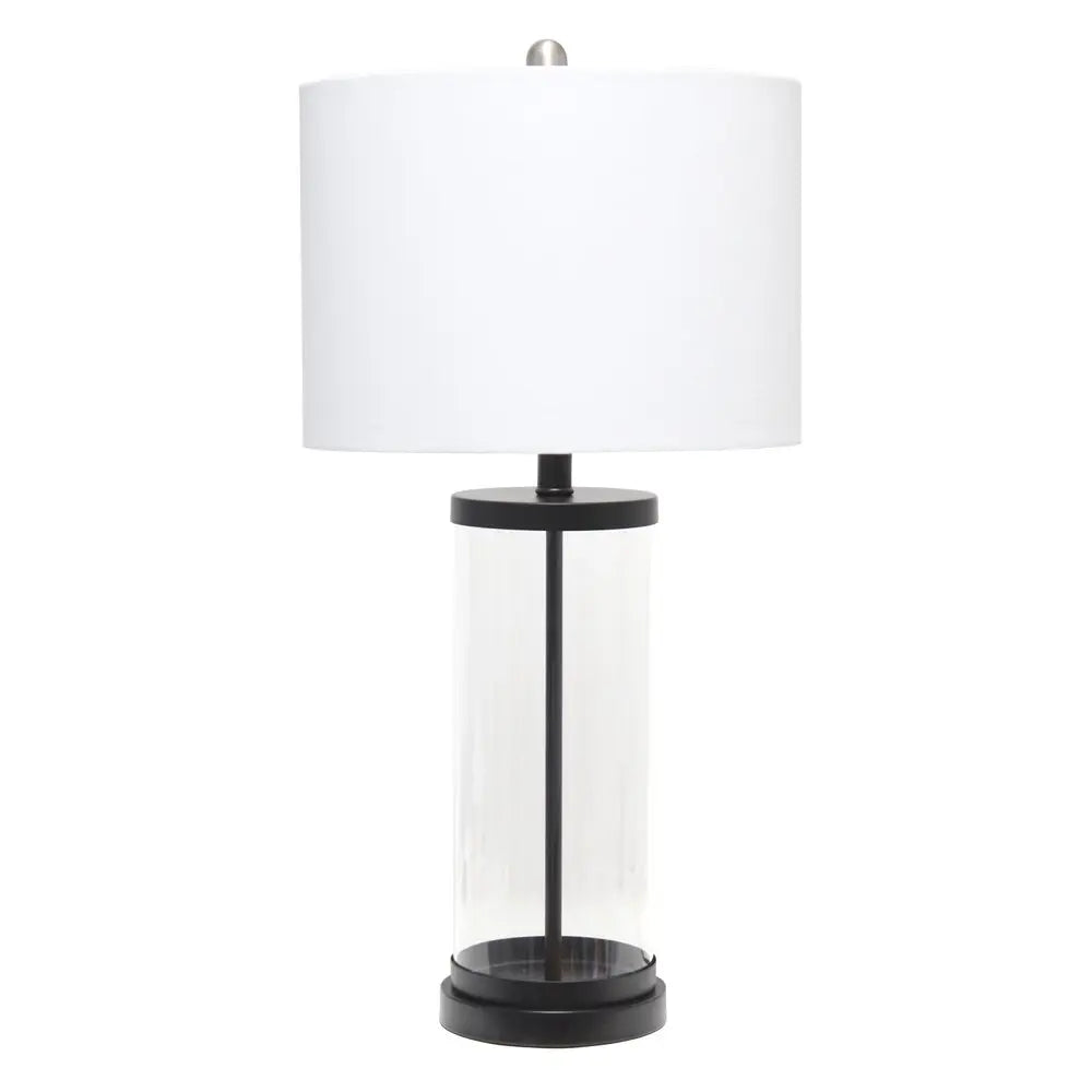 28" Clear And Black Glass And Metal Table Lamp With White Drum Shade HomeRoots