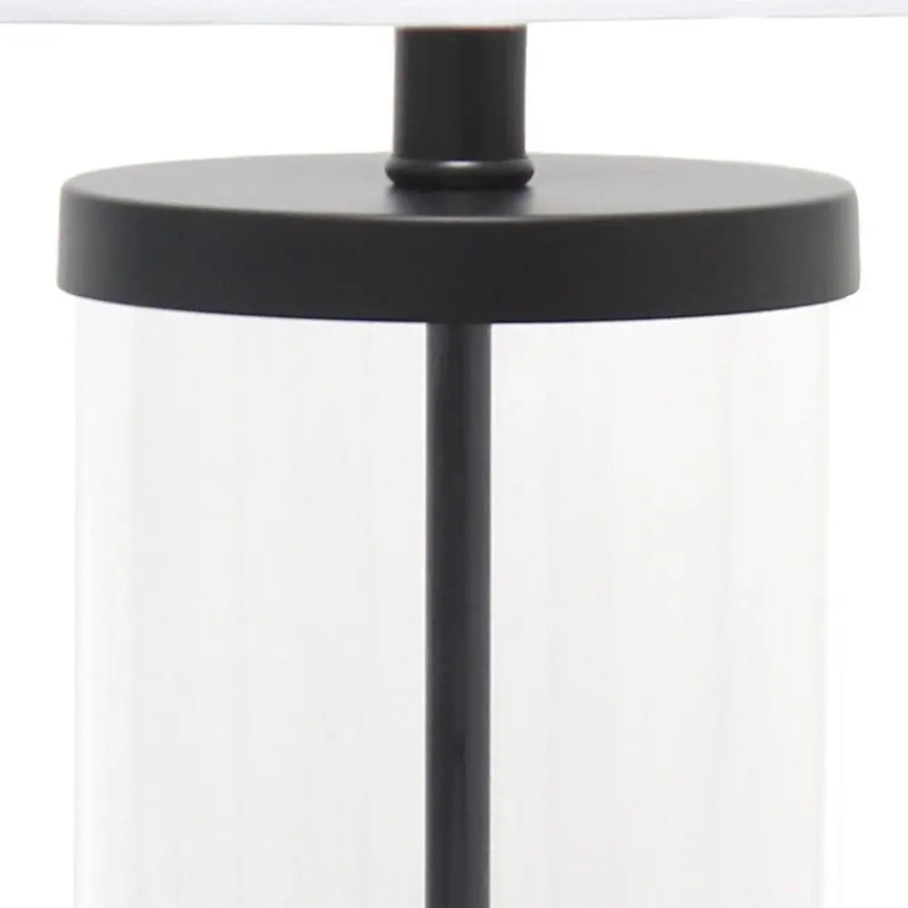28" Clear And Black Glass And Metal Table Lamp With White Drum Shade HomeRoots