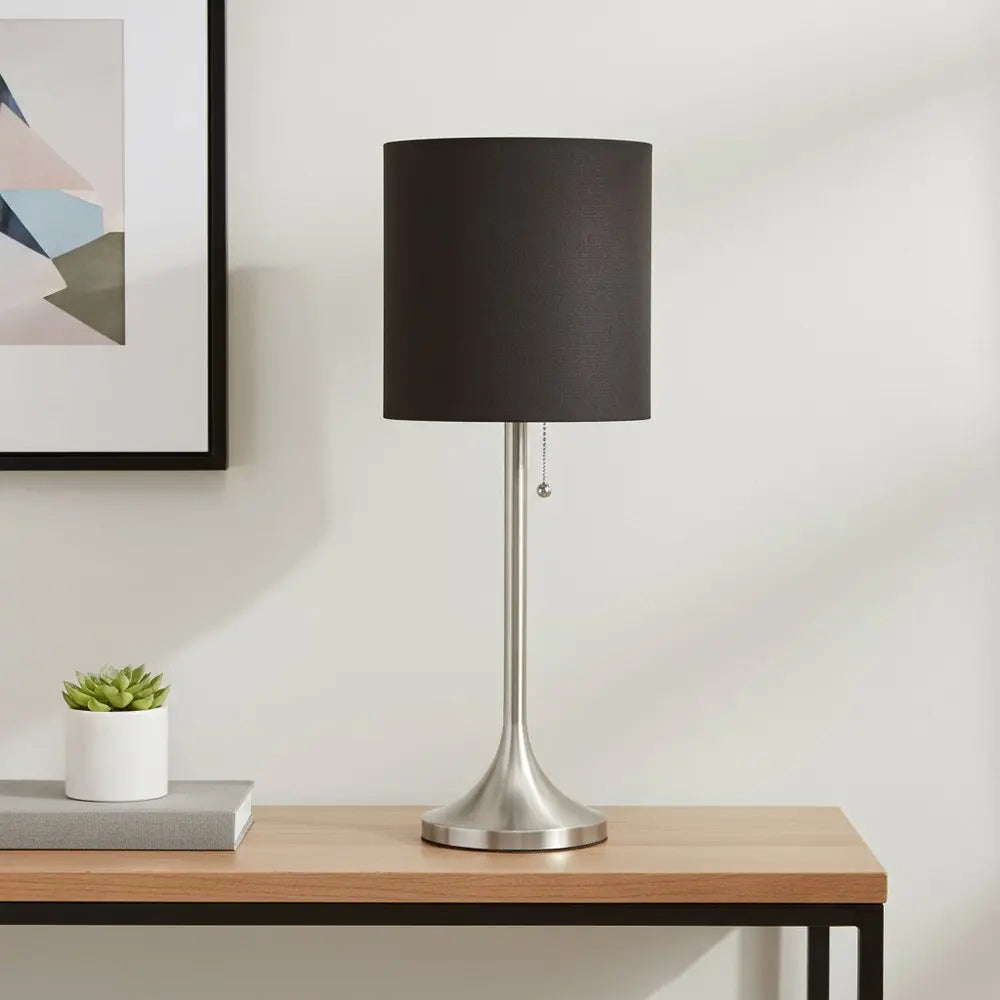 21" Nickel Metal Table Lamp With Black Drum Shade HomeRoots