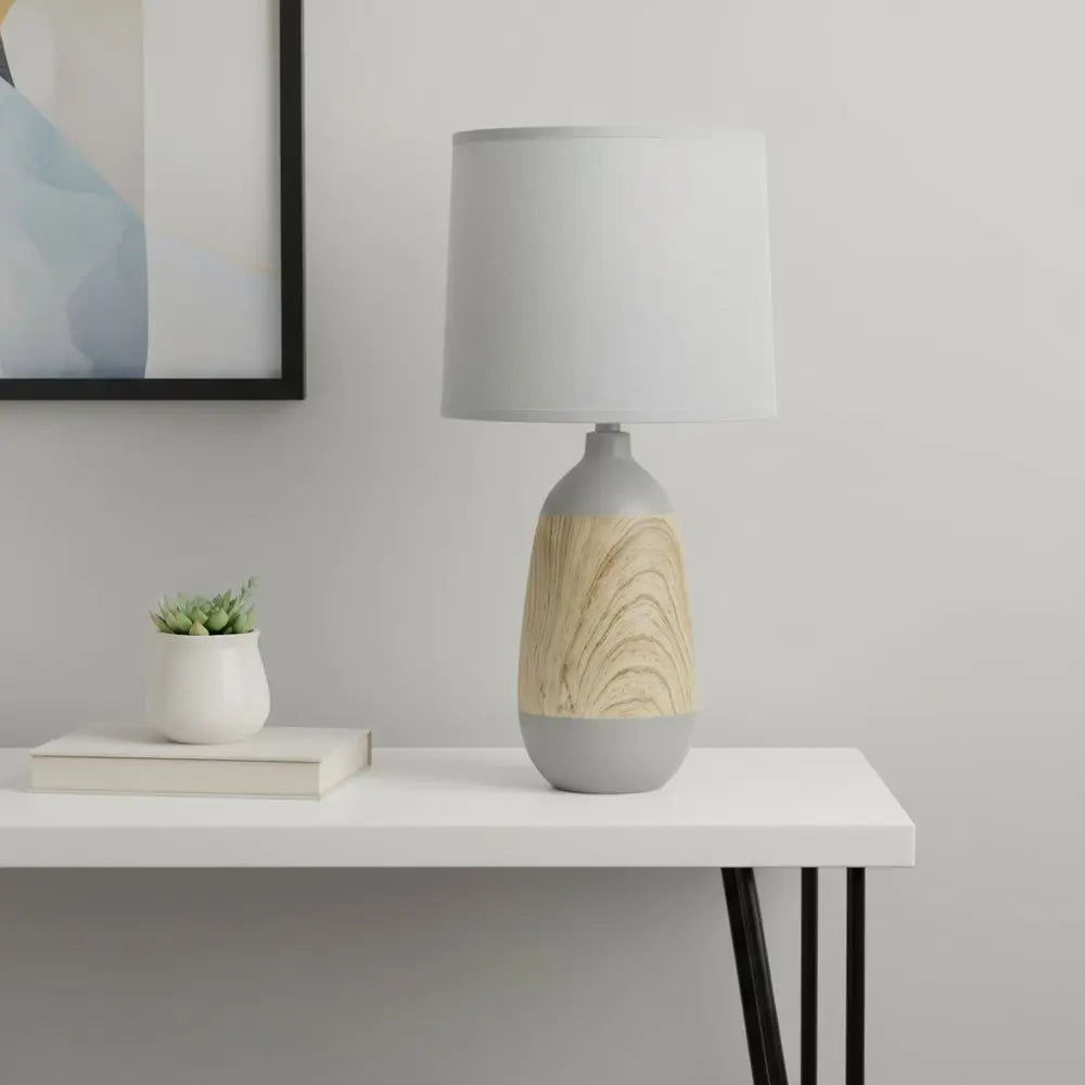 19" Gray And Oak Oblong Ceramic Table Lamp With Drum Shade HomeRoots