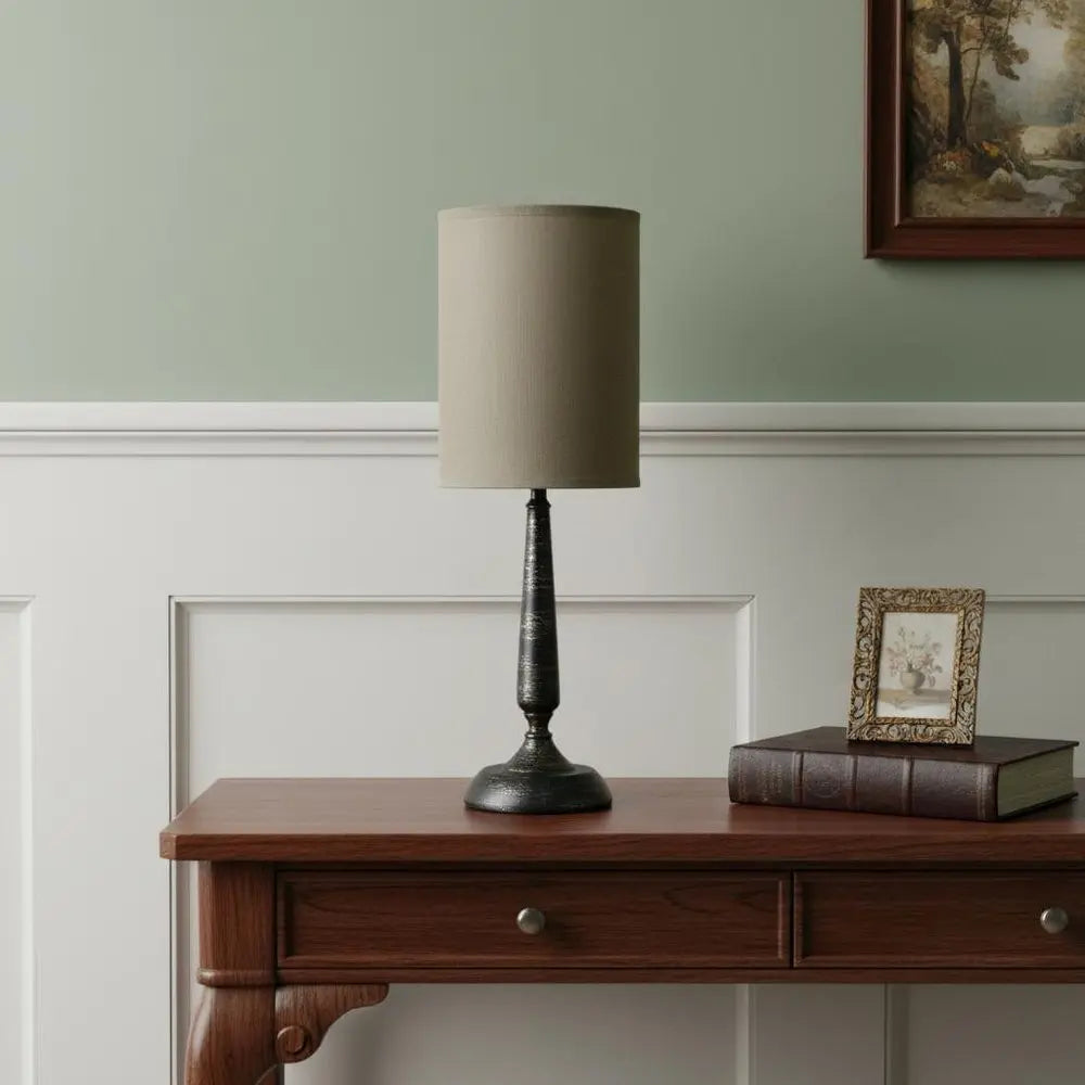 23" Bronze Iron Table Lamp With Tan Cylinder Shade HomeRoots