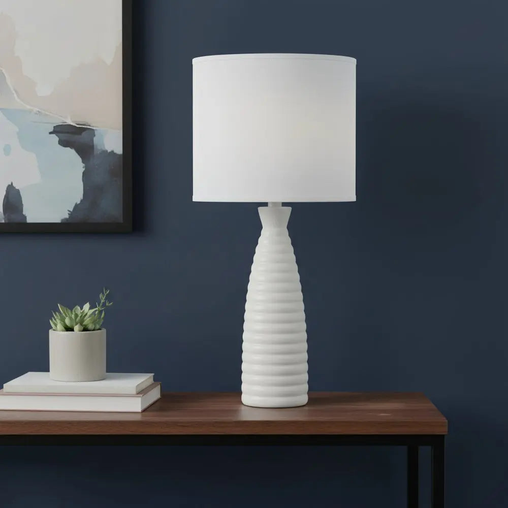 20" Off White Ceramic Novelty Table Lamp With Off White Drum Shade HomeRoots
