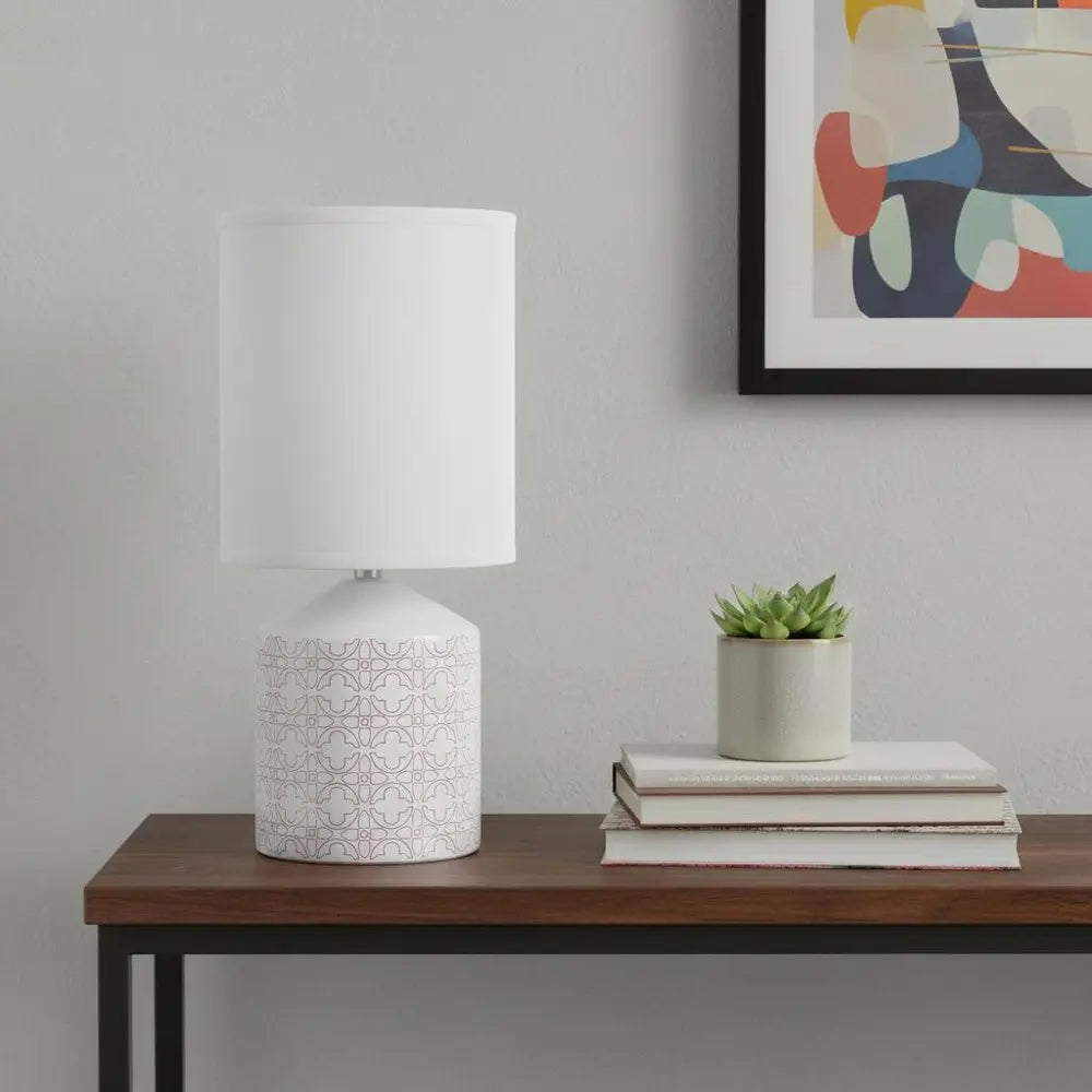19" White And Tan Ceramic Table Lamp With White Cylinder Shade HomeRoots