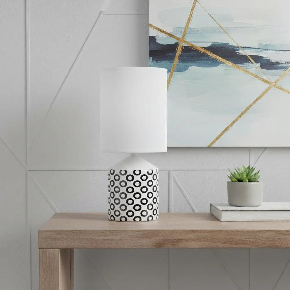 19" White And Black Ceramic Table Lamp With White Cylinder Shade HomeRoots