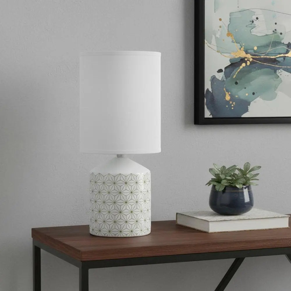 19" White And Gold Ceramic Table Lamp With White Cylinder Shade HomeRoots
