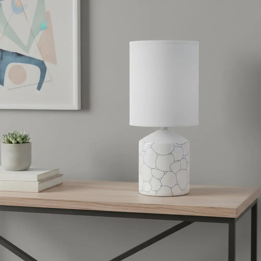 19" White And Stone Ceramic Table Lamp With White Cylinder Shade HomeRoots