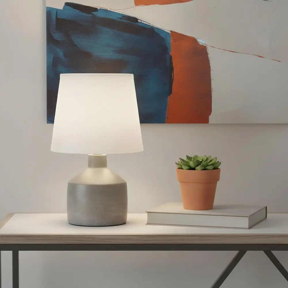 9" Gray Concrete Round Table Lamp With White Drum Shade HomeRoots