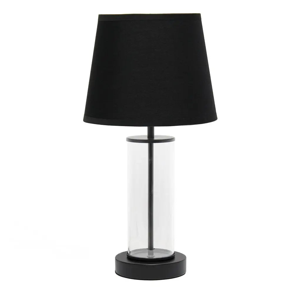 17" Black And Clear Glass And Metal Table Lamp With Black Drum Shade HomeRoots