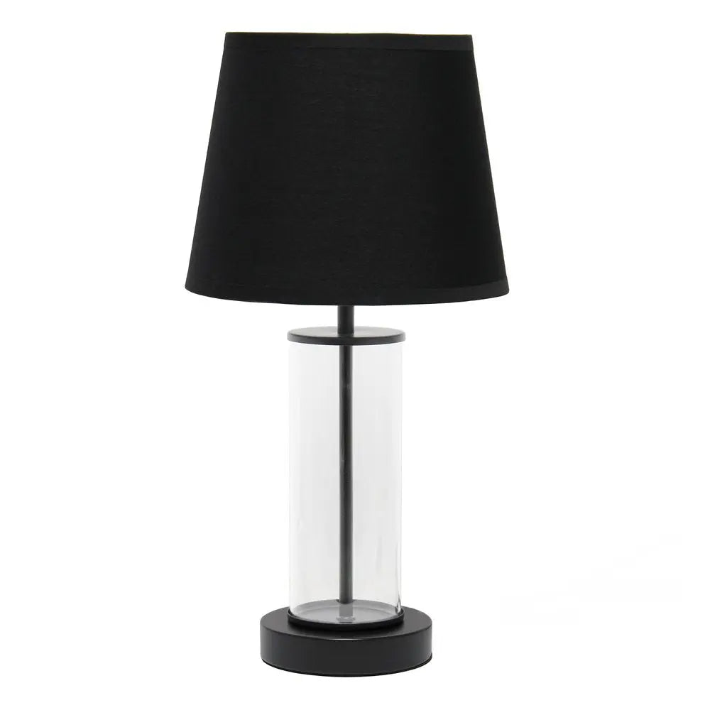 17" Black And Clear Glass And Metal Table Lamp With Black Drum Shade HomeRoots