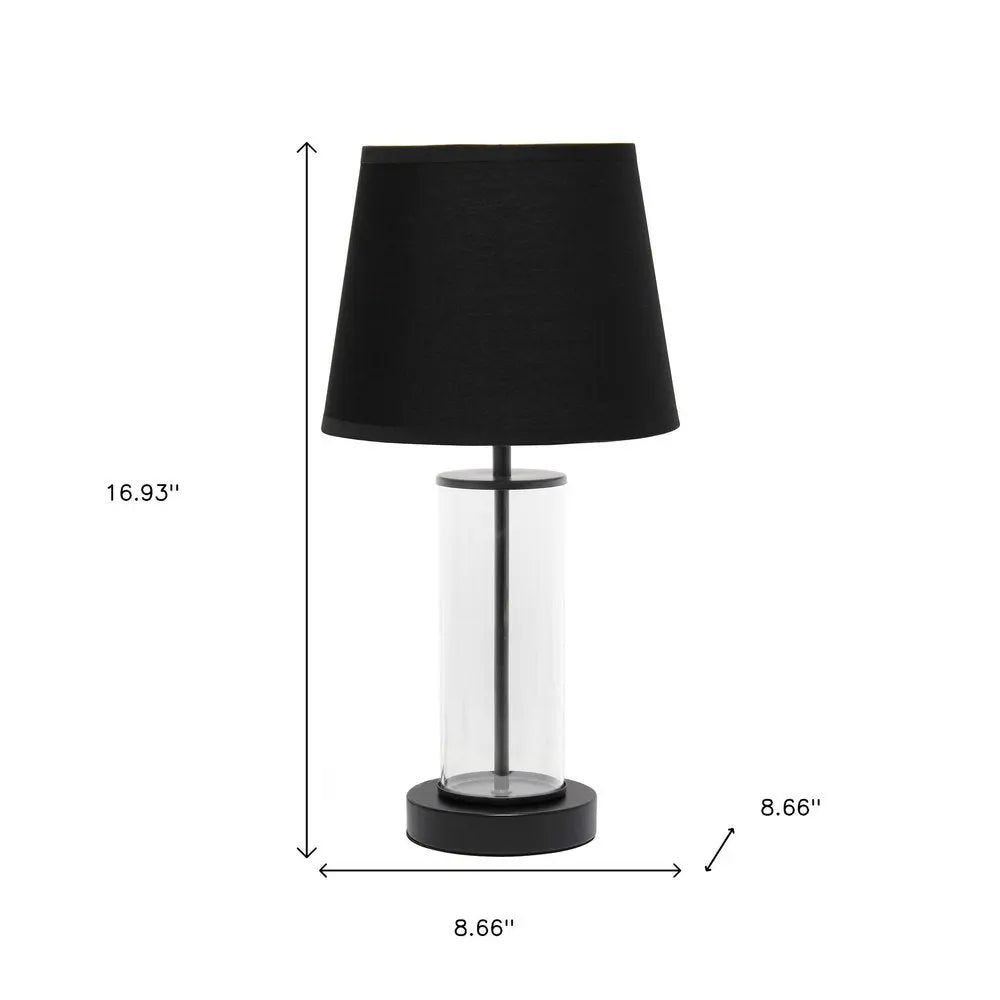 17" Black And Clear Glass And Metal Table Lamp With Black Drum Shade HomeRoots