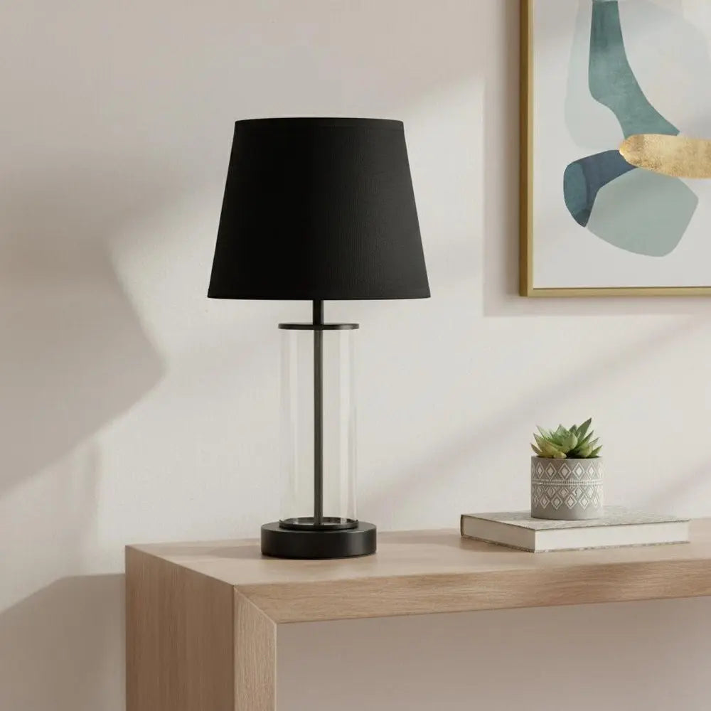 17" Black And Clear Glass And Metal Table Lamp With Black Drum Shade HomeRoots