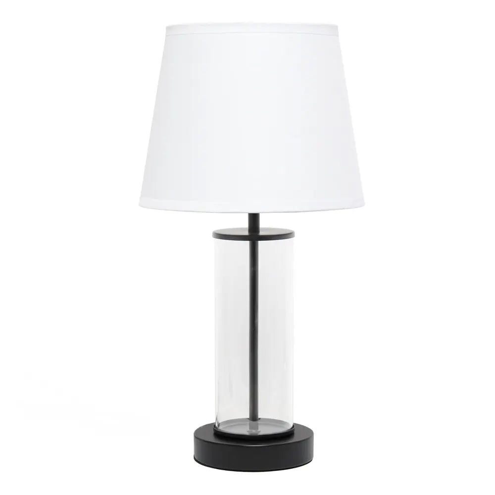 17" Black And Clear Glass And Metal Table Lamp With White Drum Shade HomeRoots