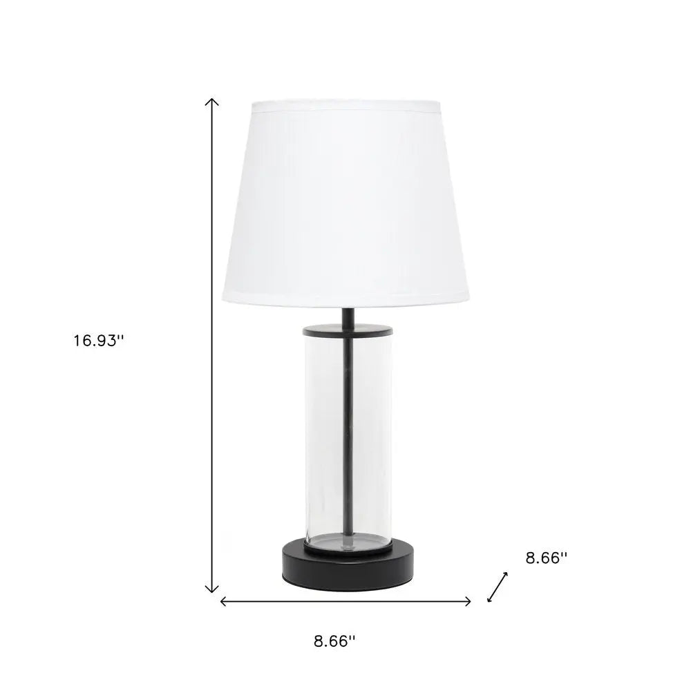 17" Black And Clear Glass And Metal Table Lamp With White Drum Shade HomeRoots