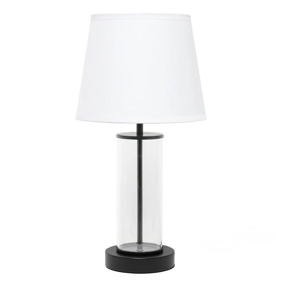 17" Black And Clear Glass And Metal Table Lamp With White Drum Shade HomeRoots