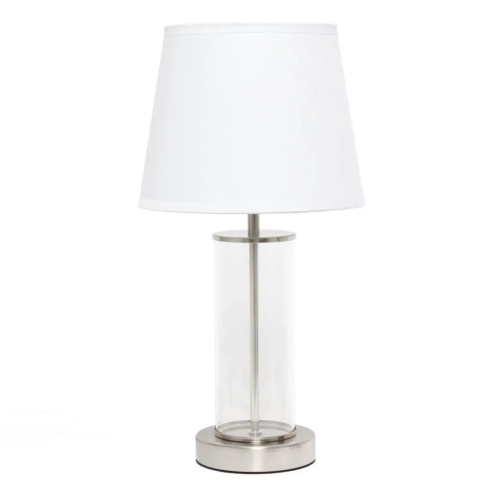 17" Nickel And Clear Glass And Metal Table Lamp With White Drum Shade HomeRoots