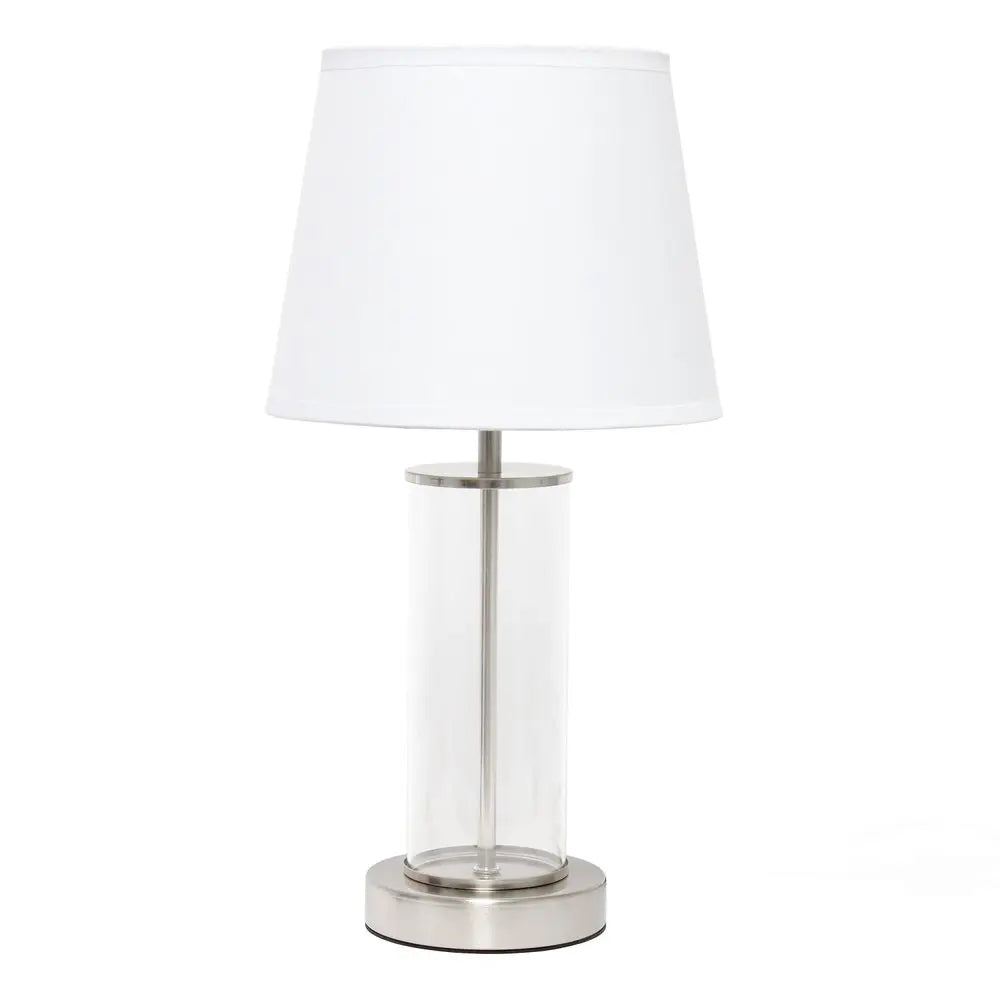 17" Nickel And Clear Glass And Metal Table Lamp With White Drum Shade HomeRoots