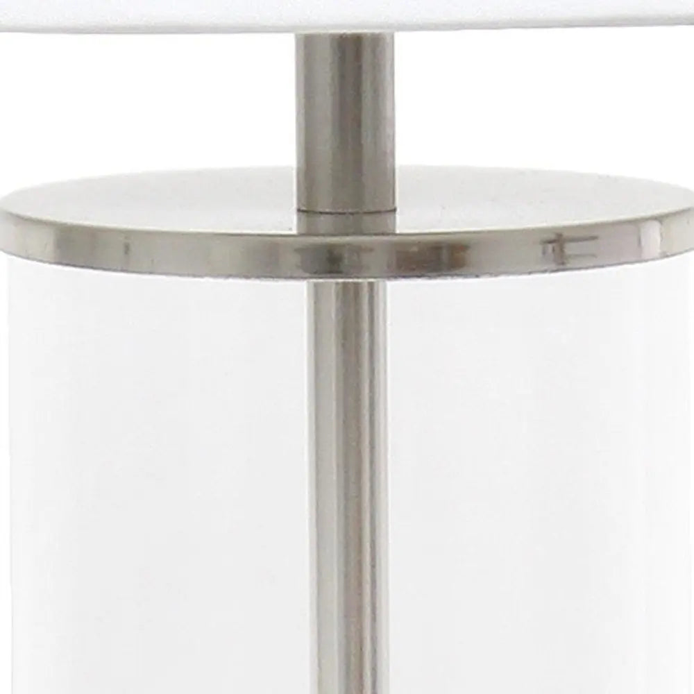 17" Nickel And Clear Glass And Metal Table Lamp With White Drum Shade HomeRoots