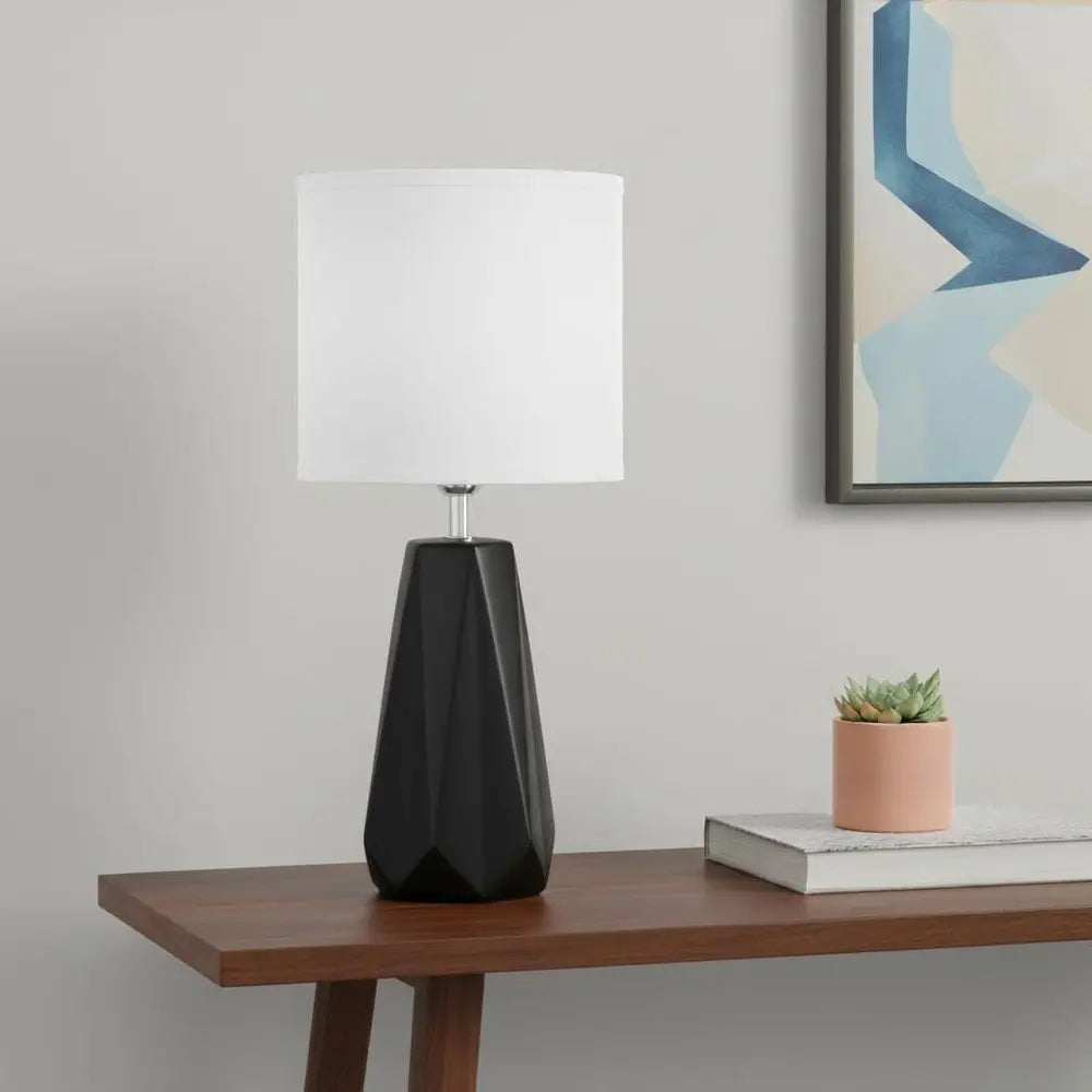 18" Black And Silver Ceramic Geometric Table Lamp With White Drum Shade HomeRoots