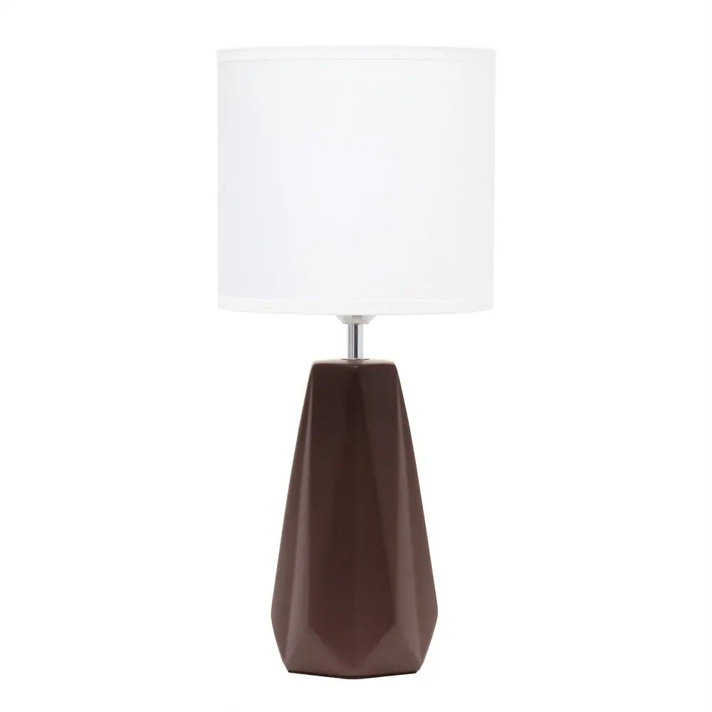 18" Brown And Silver Ceramic Geometric Table Lamp With White Drum Shade HomeRoots