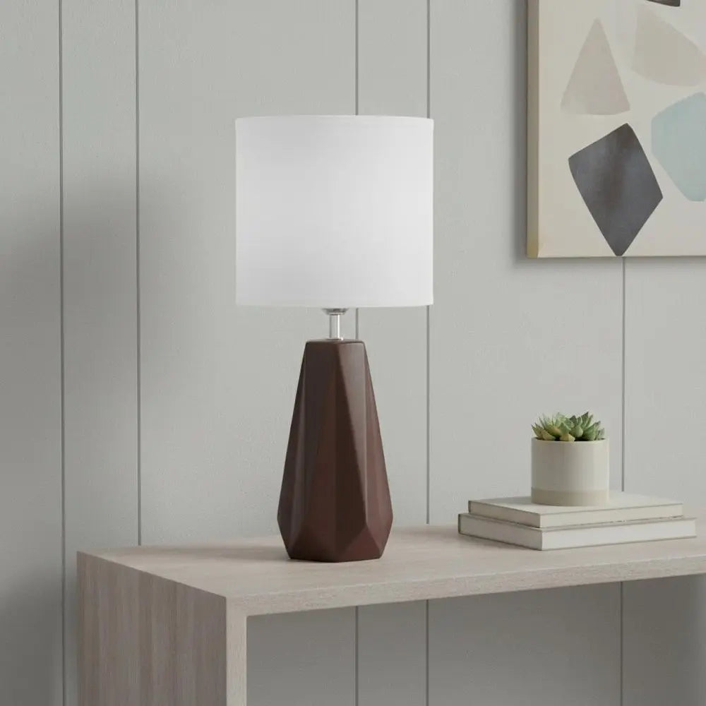 18" Brown And Silver Ceramic Geometric Table Lamp With White Drum Shade HomeRoots