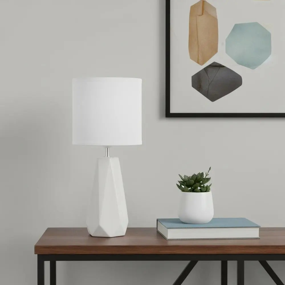 18" Off White Ceramic Geometric Table Lamp With White Drum Shade HomeRoots