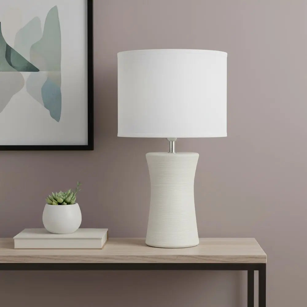 17" Off White Ceramic Novelty Table Lamp With White Drum Shade HomeRoots