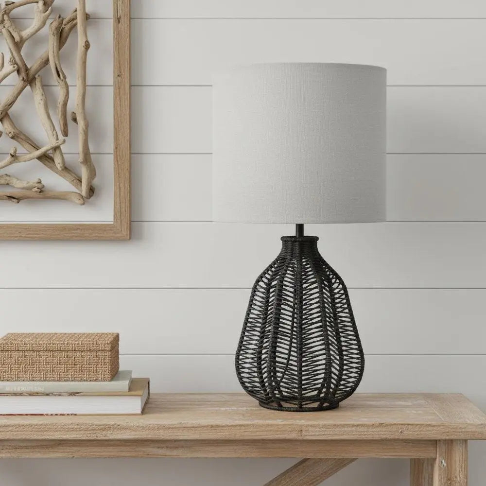 21" Black Rope Novelty Table Lamp With Light Gray Drum Shade HomeRoots