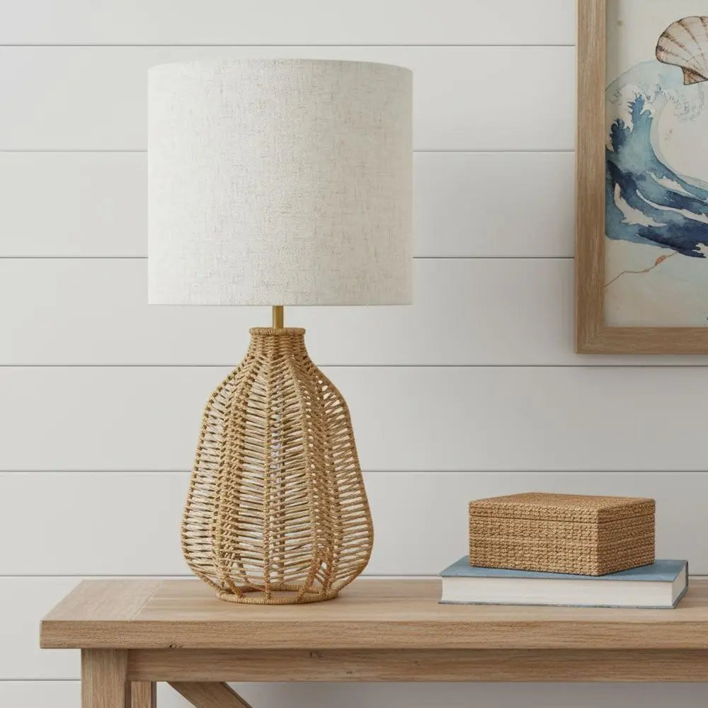 21" Natural Round Table Lamp With Beige Drum Shade HomeRoots