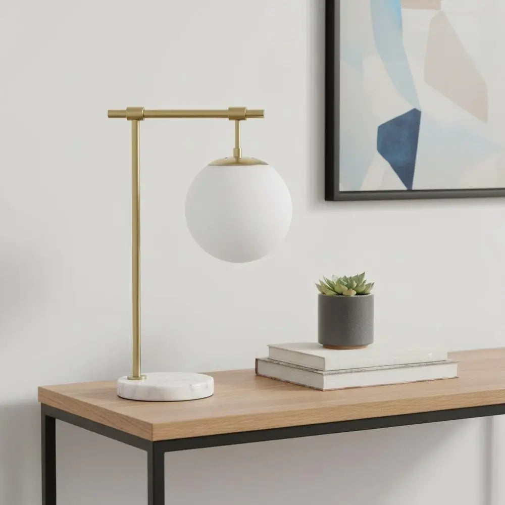 21" Antiqued Brass Metal Novelty Table Lamp With White Globe Shade HomeRoots