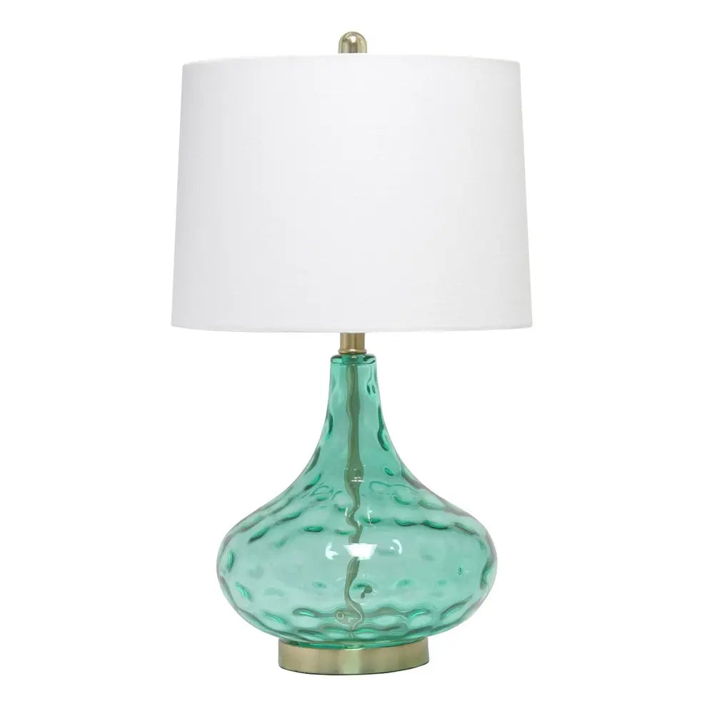 24" Sea Green And Antiqued Brass Glass And Metal Novelty Table Lamp With White Drum Shade HomeRoots