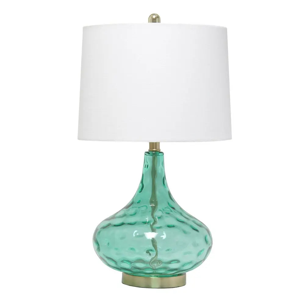 24" Sea Green And Antiqued Brass Glass And Metal Novelty Table Lamp With White Drum Shade HomeRoots