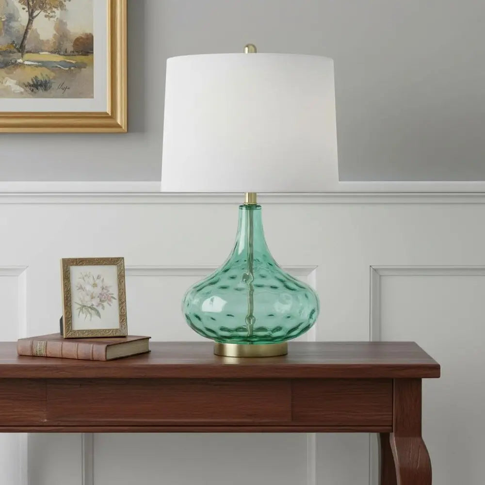 24" Sea Green And Antiqued Brass Glass And Metal Novelty Table Lamp With White Drum Shade HomeRoots