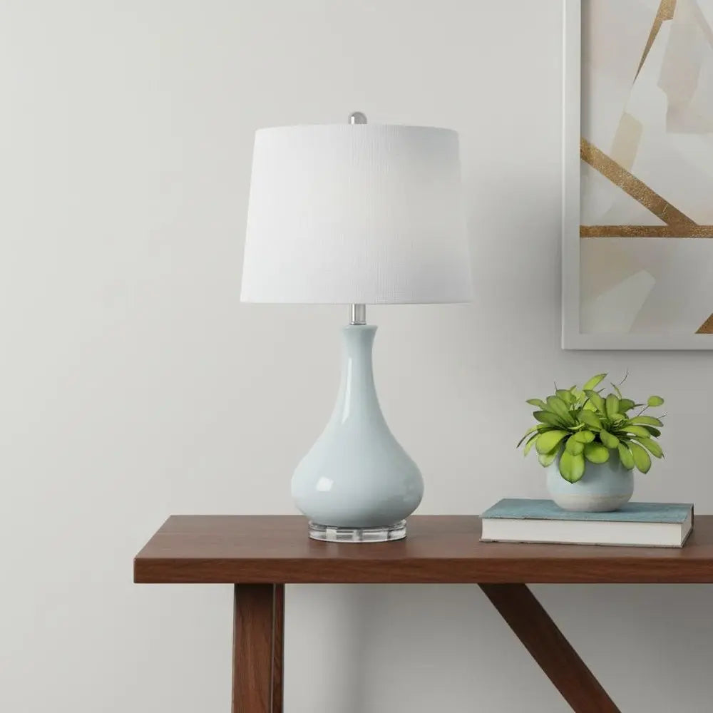 26" Light Blue Ceramic Round Table Lamp With White Drum Shade HomeRoots